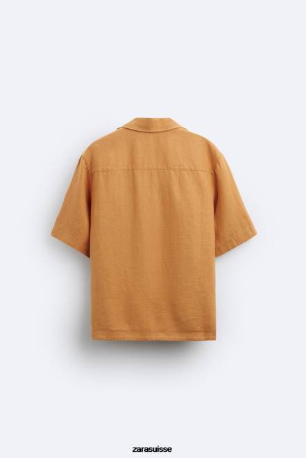 Zara vêtements P66V1022 Hommes Chemise 100% lin orange