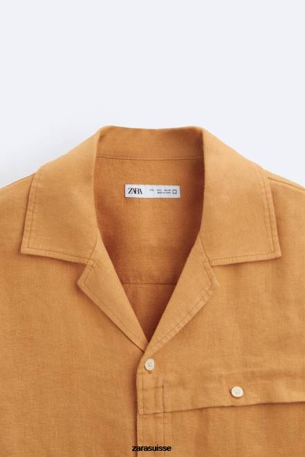 Zara vêtements P66V1022 Hommes Chemise 100% lin orange