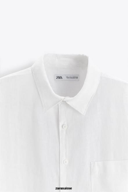 Zara vêtements P66V1023 Hommes Chemise 100% lin blanc