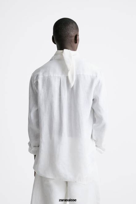 Zara vêtements P66V1024 Hommes Chemise 100% lin blanc