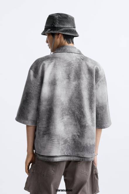 Zara vêtements P66V1169 Hommes surchemise délavée en faux suède gris anthracite