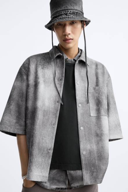 Zara vêtements P66V1169 Hommes surchemise délavée en faux suède gris anthracite