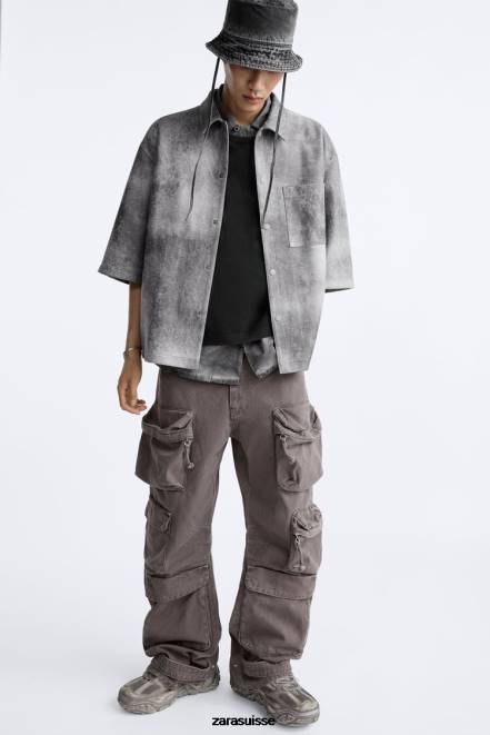 Zara vêtements P66V1169 Hommes surchemise délavée en faux suède gris anthracite