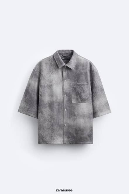 Zara vêtements P66V1169 Hommes surchemise délavée en faux suède gris anthracite