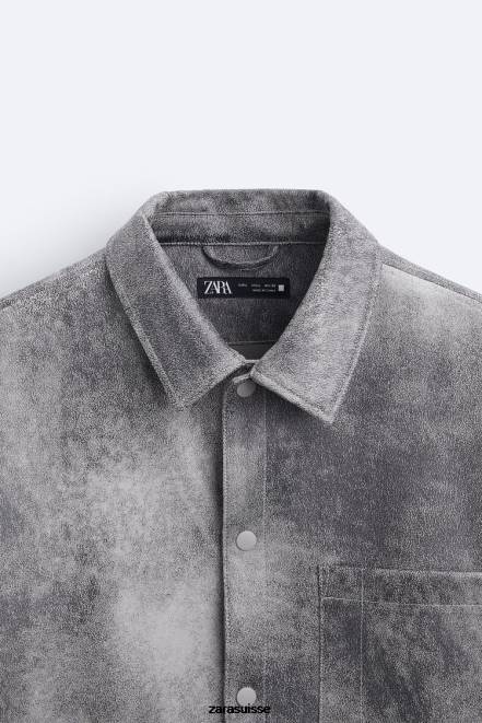 Zara vêtements P66V1169 Hommes surchemise délavée en faux suède gris anthracite