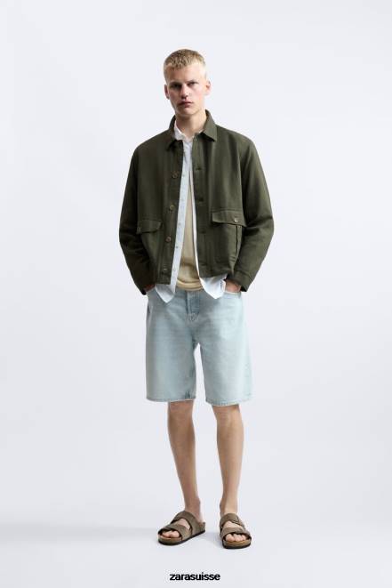 Zara vêtements P66V1172 Hommes surchemise lin - coton kaki