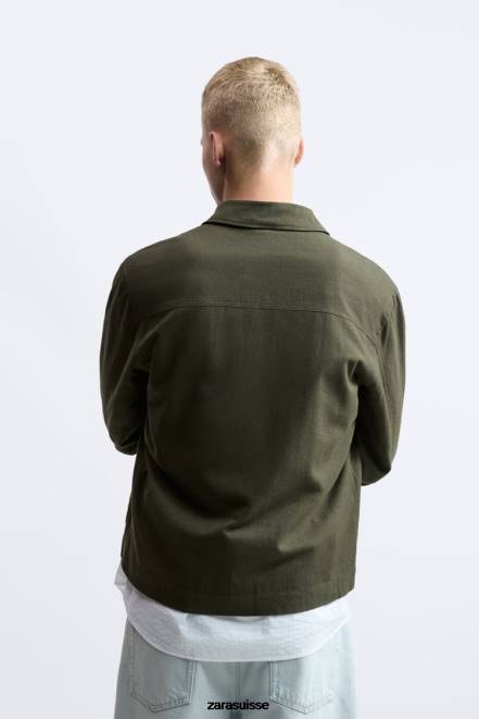 Zara vêtements P66V1172 Hommes surchemise lin - coton kaki