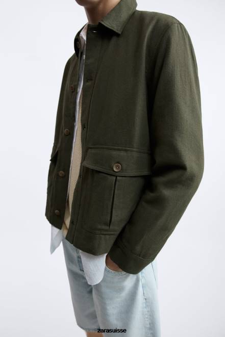 Zara vêtements P66V1172 Hommes surchemise lin - coton kaki