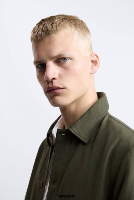 Zara vêtements P66V1172 Hommes surchemise lin - coton kaki