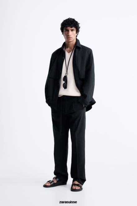 Zara vêtements P66V1173 Hommes surchemise coton - lin gris anthracite