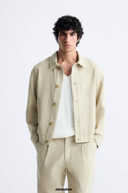 Zara vêtements P66V1174 Hommes surchemise rustique à tissage texturé marron taupe