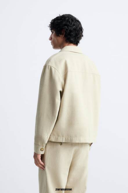 Zara vêtements P66V1174 Hommes surchemise rustique à tissage texturé marron taupe