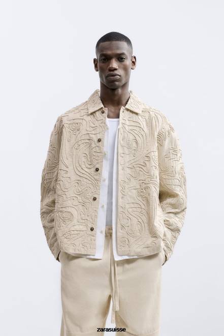 Zara vêtements P66V1176 Hommes surchemise à broderies en relief beige