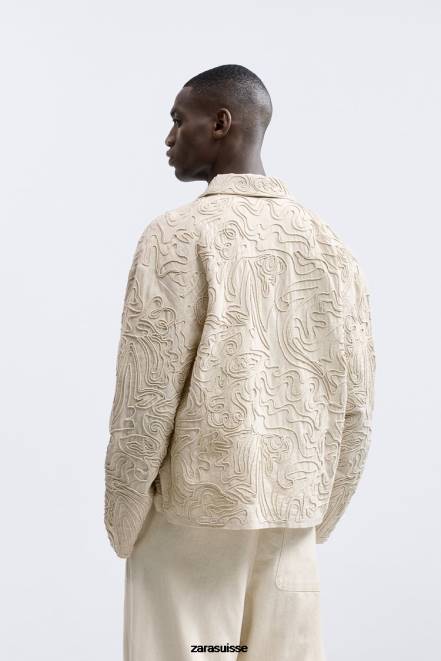 Zara vêtements P66V1176 Hommes surchemise à broderies en relief beige