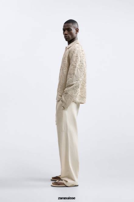 Zara vêtements P66V1176 Hommes surchemise à broderies en relief beige