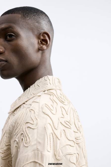 Zara vêtements P66V1176 Hommes surchemise à broderies en relief beige