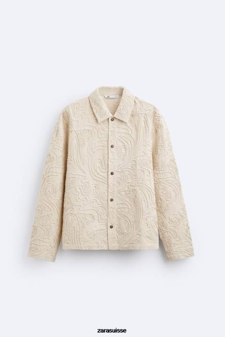 Zara vêtements P66V1176 Hommes surchemise à broderies en relief beige