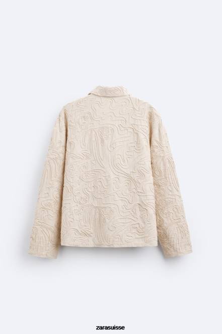 Zara vêtements P66V1176 Hommes surchemise à broderies en relief beige