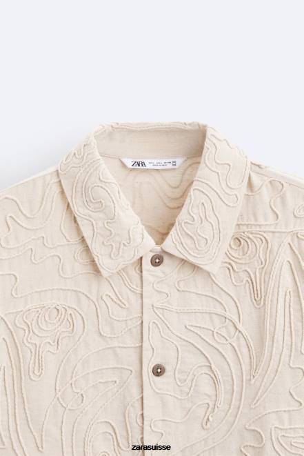Zara vêtements P66V1176 Hommes surchemise à broderies en relief beige