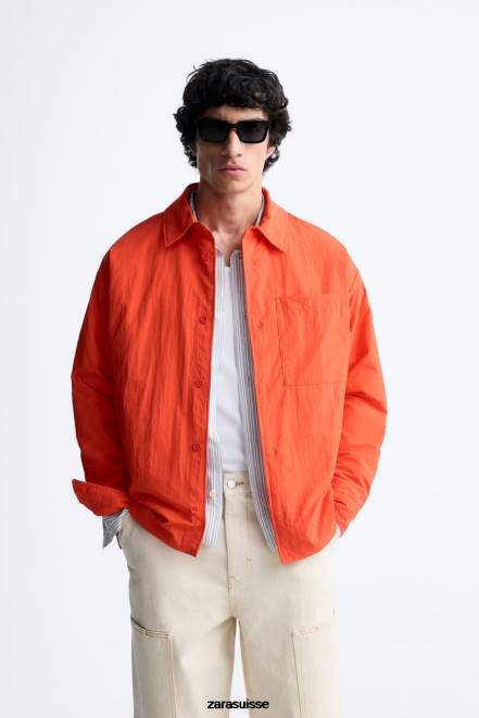 Zara vêtements P66V1178 Hommes surchemise technique matelassée orange fluo