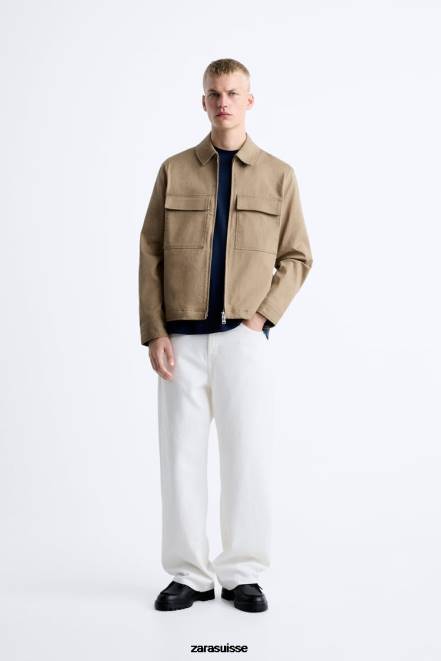 Zara vêtements P66V1179 Hommes surchemise à poche sable