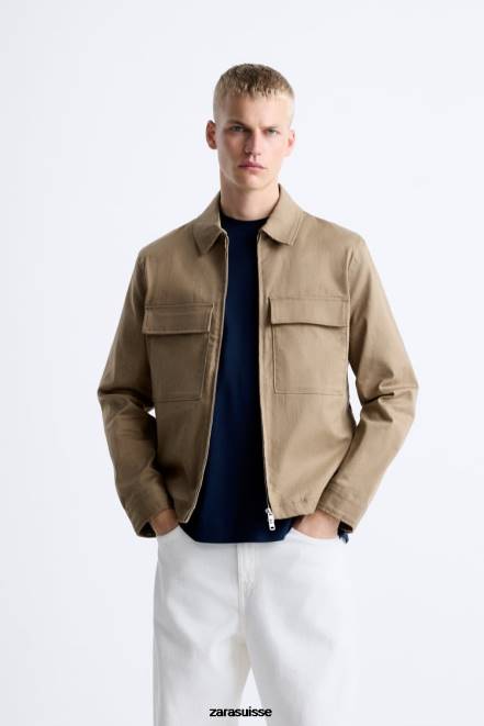 Zara vêtements P66V1179 Hommes surchemise à poche sable
