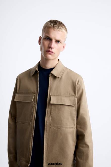 Zara vêtements P66V1179 Hommes surchemise à poche sable