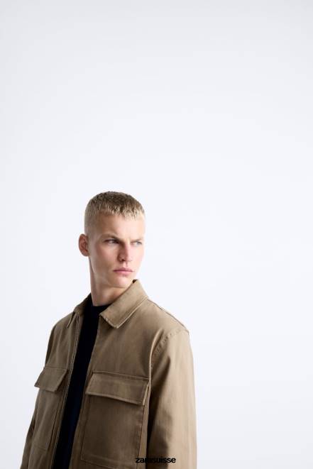 Zara vêtements P66V1179 Hommes surchemise à poche sable