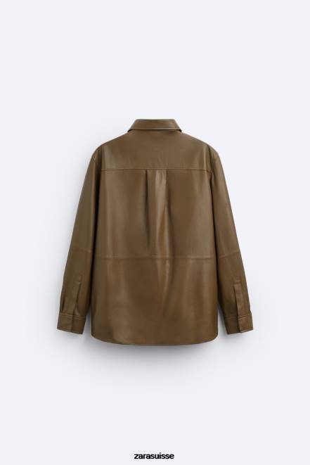 Zara vêtements P66V1184 Hommes chemise en cuir en édition limitée kaki moyen