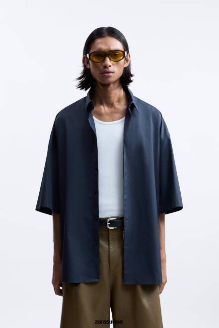 Zara vêtements P66V1186 Hommes chemise coupe boxy édition limitée bleu marine