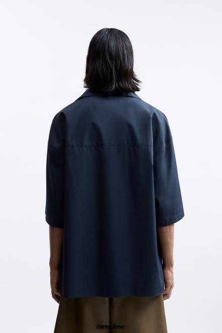 Zara vêtements P66V1186 Hommes chemise coupe boxy édition limitée bleu marine