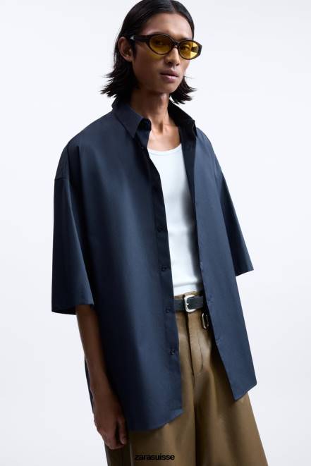 Zara vêtements P66V1186 Hommes chemise coupe boxy édition limitée bleu marine