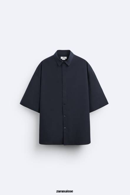Zara vêtements P66V1186 Hommes chemise coupe boxy édition limitée bleu marine