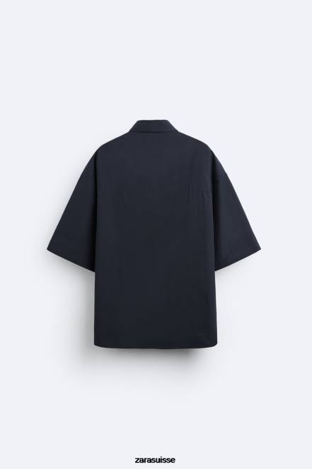 Zara vêtements P66V1186 Hommes chemise coupe boxy édition limitée bleu marine