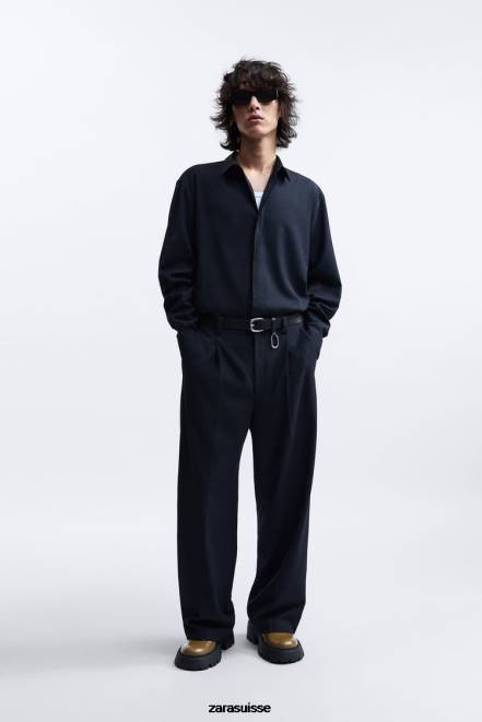 Zara vêtements P66V1188 Hommes surchemise oversize édition limitée bleu marine