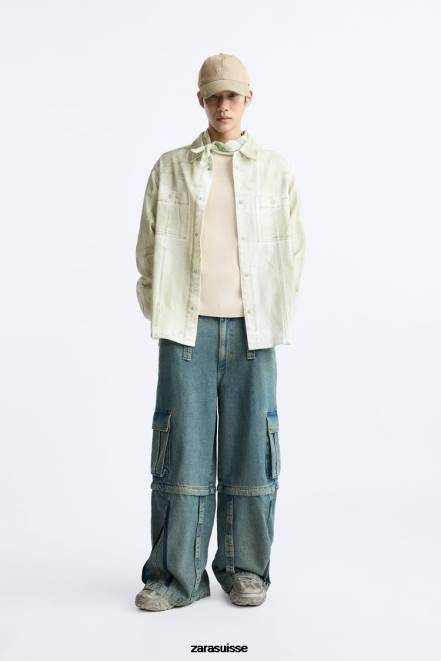 Zara vêtements P66V1190 Hommes surchemise à imprimé peinture écru/kaki