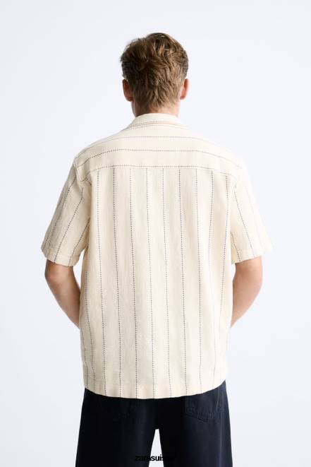 Zara vêtements P66V968 Hommes chemise à rayures texturées beige