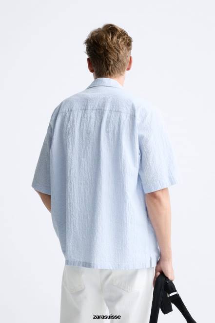 Zara vêtements P66V969 Hommes chemise en seersucker à carreaux bleu