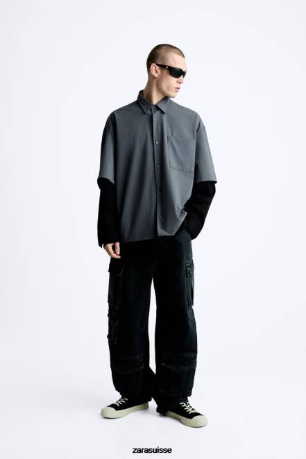 Zara vêtements P66V974 Hommes chemise à manches superposées gris anthracite