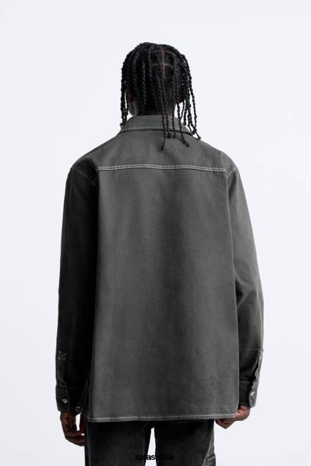 Zara vêtements P66V976 Hommes chemise avec surpiqûres contrastées gris foncé