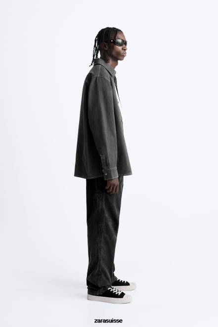 Zara vêtements P66V976 Hommes chemise avec surpiqûres contrastées gris foncé