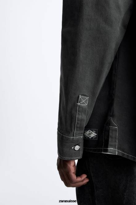 Zara vêtements P66V976 Hommes chemise avec surpiqûres contrastées gris foncé