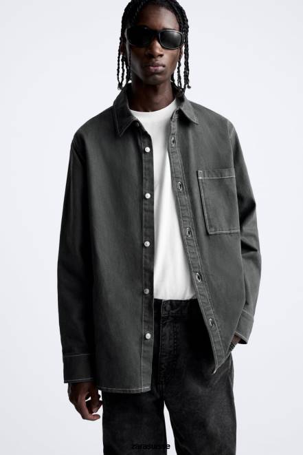 Zara vêtements P66V976 Hommes chemise avec surpiqûres contrastées gris foncé