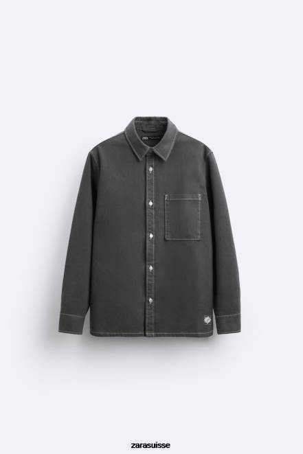Zara vêtements P66V976 Hommes chemise avec surpiqûres contrastées gris foncé