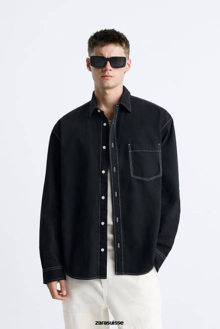 Zara vêtements P66V977 Hommes chemise avec surpiqûres contrastées noir