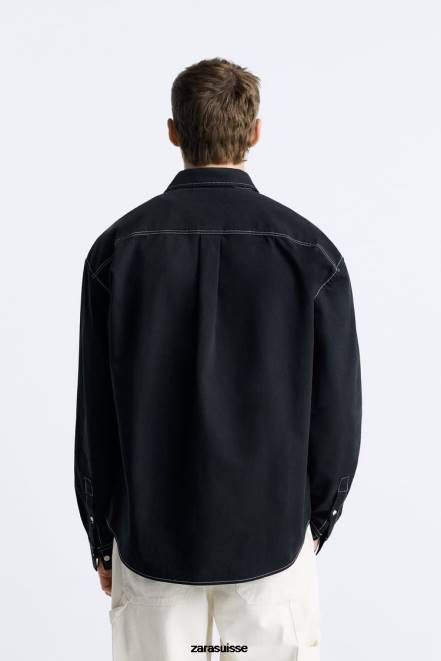 Zara vêtements P66V977 Hommes chemise avec surpiqûres contrastées noir