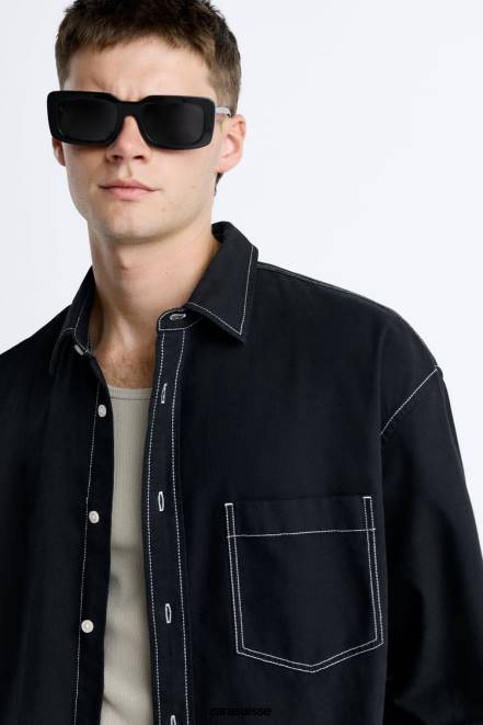 Zara vêtements P66V977 Hommes chemise avec surpiqûres contrastées noir