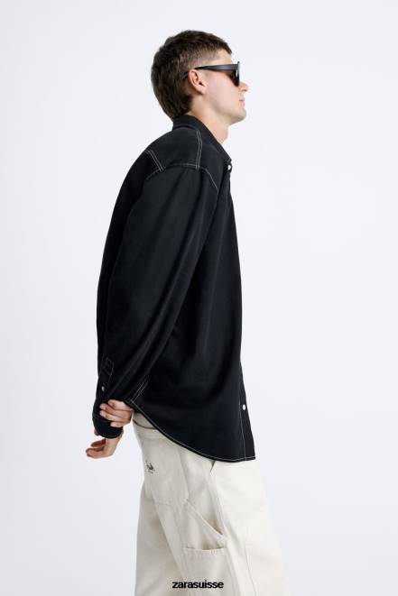 Zara vêtements P66V977 Hommes chemise avec surpiqûres contrastées noir