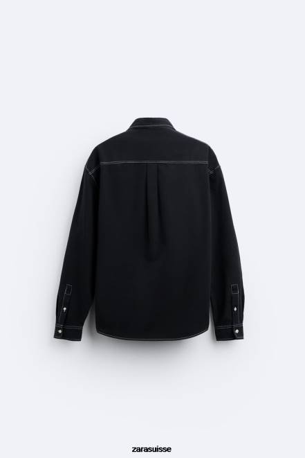 Zara vêtements P66V977 Hommes chemise avec surpiqûres contrastées noir