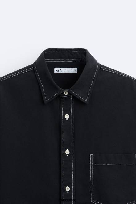 Zara vêtements P66V977 Hommes chemise avec surpiqûres contrastées noir
